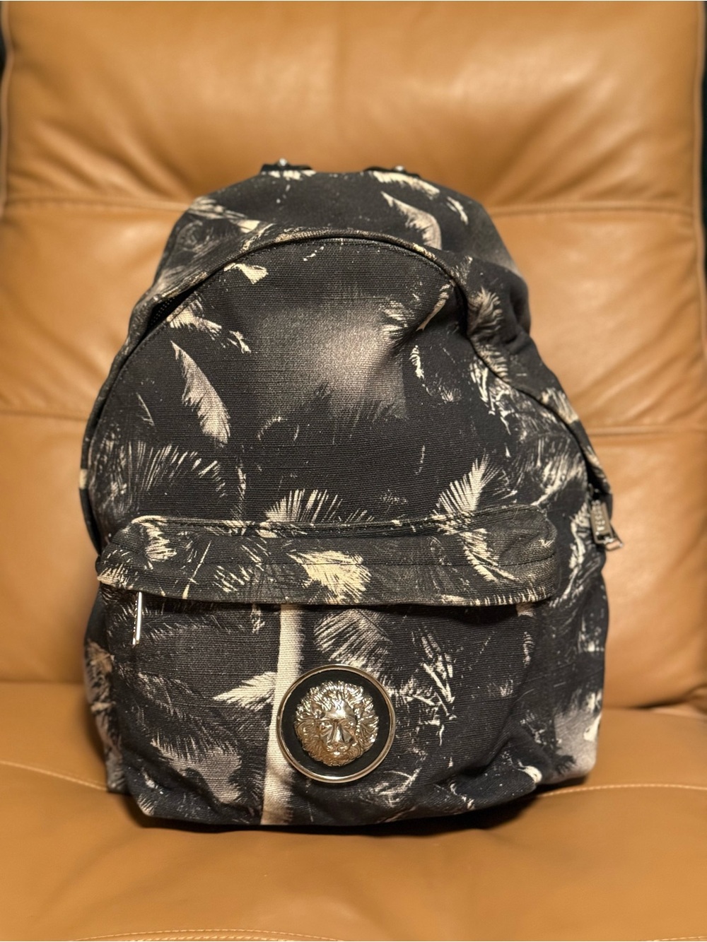 Versus By Versace Black and Grey Palm tree print silver medallion backpack